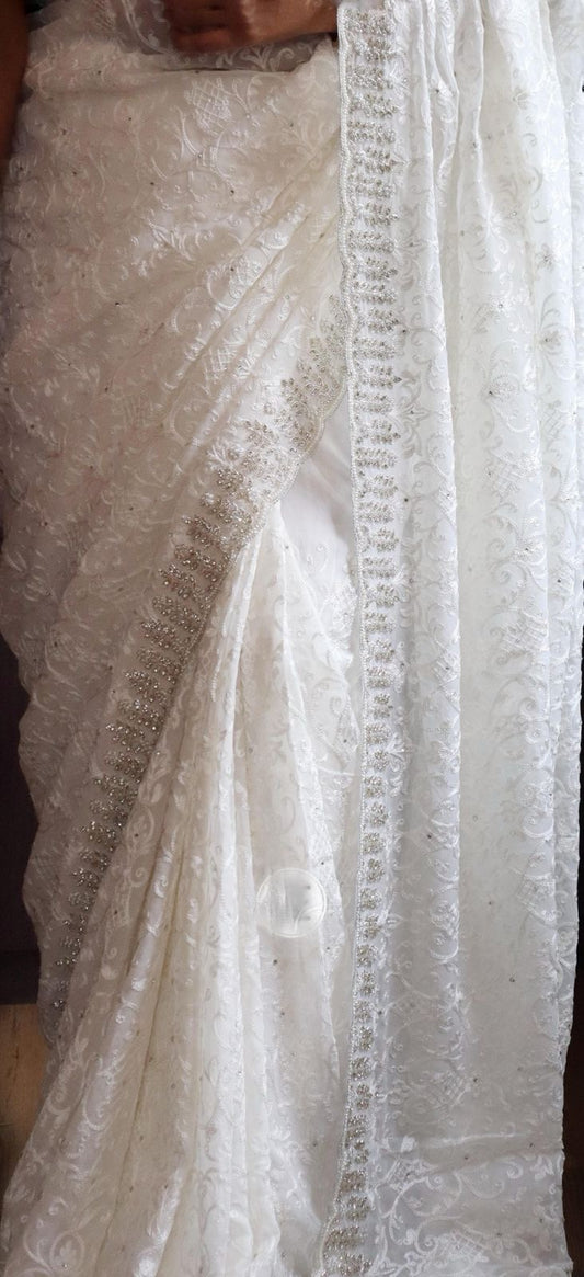 Sophisticated White Chikankari Gorgette Saree