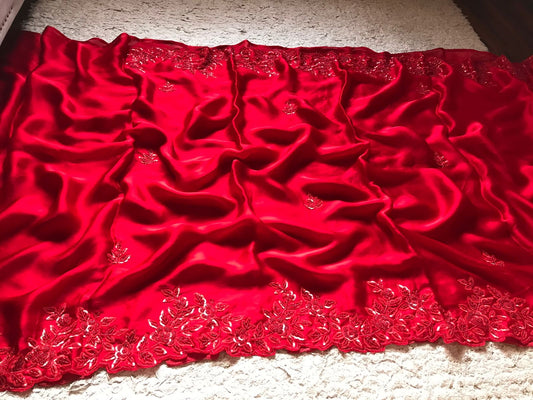 Red Satin Luxury premium Organza sarees