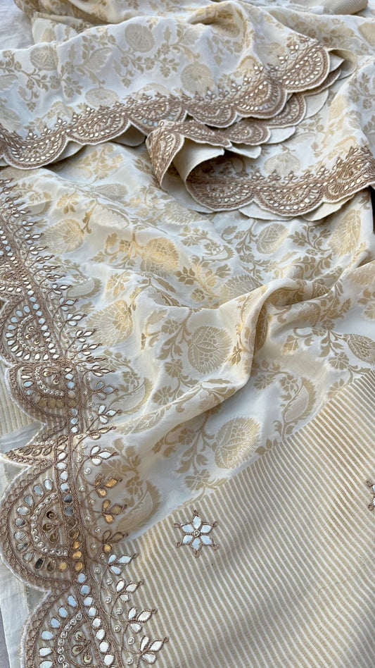 White Banarsi Khaddi Gorgette Sarees Indian saree Gottapatti sari