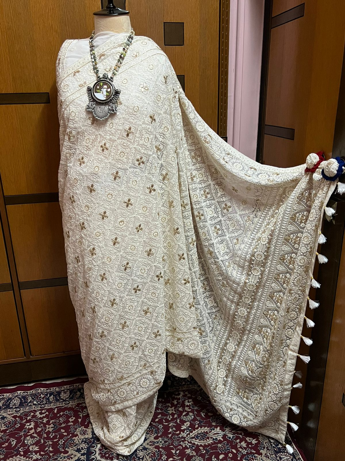 White Chikankari Gottapatti saree Gorgette Saree