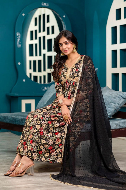 Varisha black floral Kurti Dupatta set