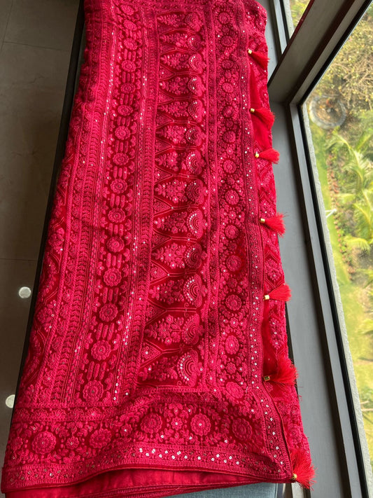 Red Chikankari saree Indian saree blouse Gorgette sari