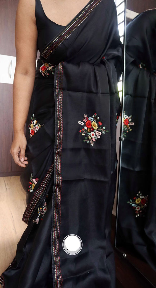 Black beauty saree Embroidered saree Kantha sari blouse