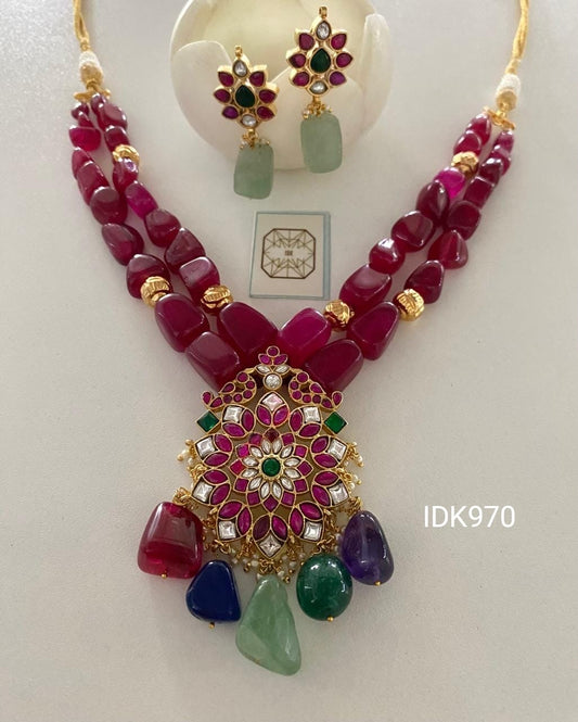 Ruby round beaded kundan necklace set
