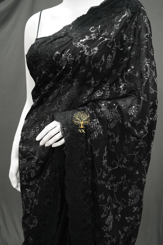 Black Gorgette Sequence Chikankari sarees