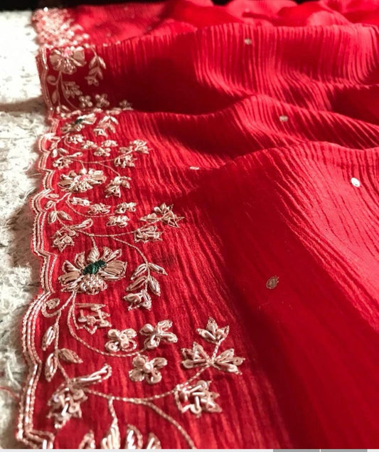 Rosila red crushed saree chinon saree Indian partywear sari reception saree blouse