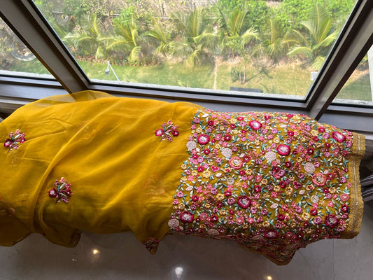 Yellow organza saree French knot saree Indian sari blouse