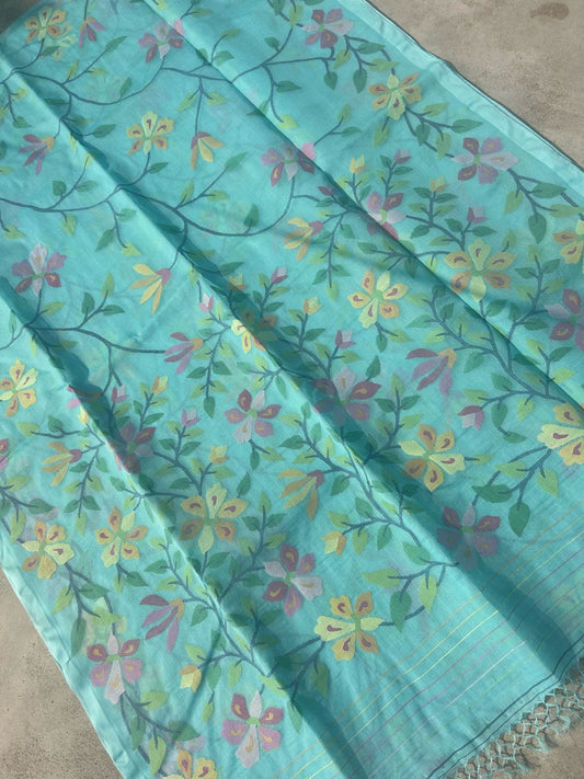 Turquoise inspired Tantuj Jamdani Saree Bengal Tradition Saree