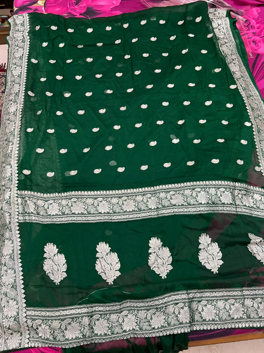 Chiffon Green Banarsi Saree khaddi chiffon saree