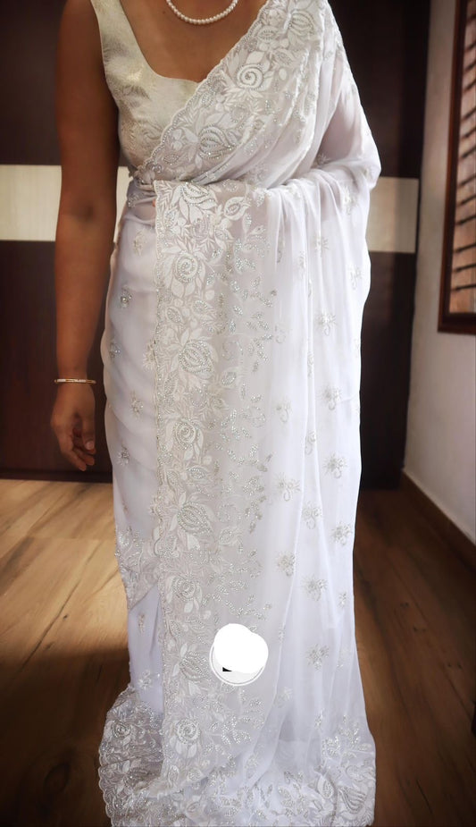 White parsi inspired sarees chinkari saree