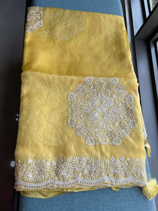 Yellow organza saree threadwork sari
