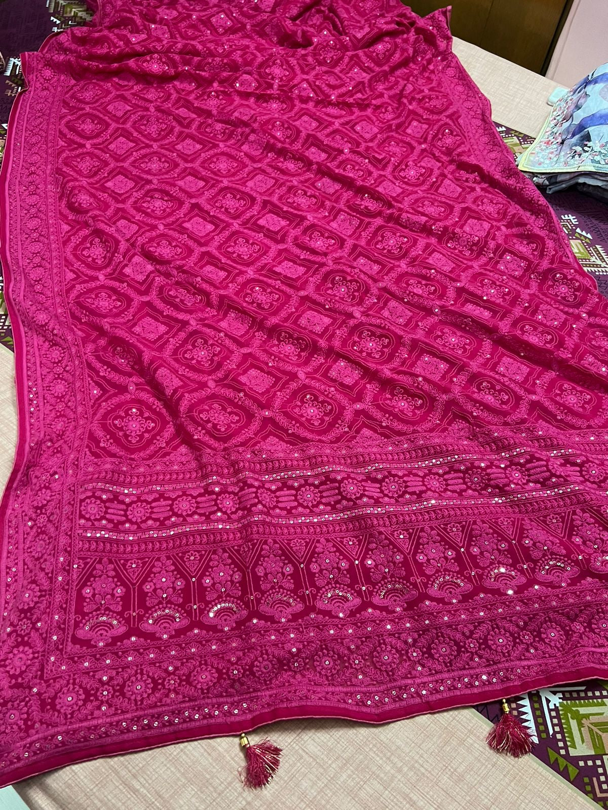 Hot Pink Chikankari Saree Georgette Saree Women Chikankari Sari