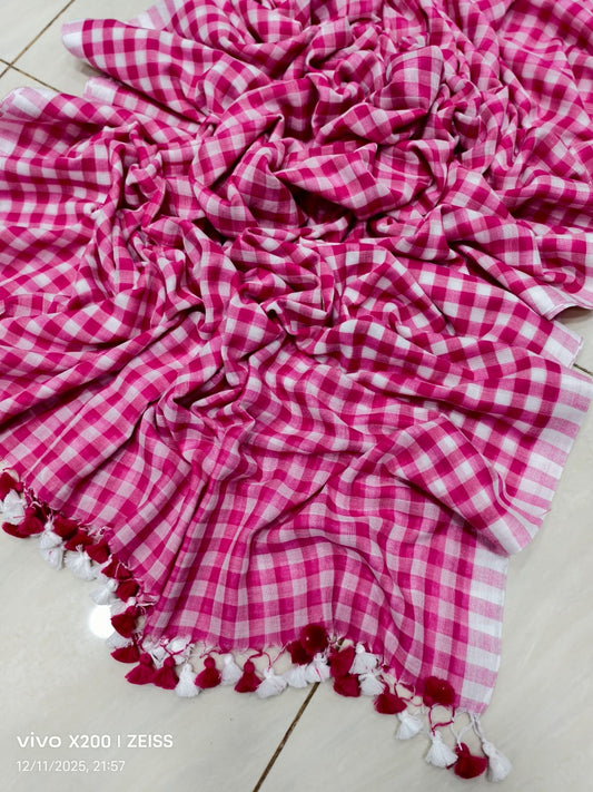 Check cotton saree Indian sarees blouse handmade cotton saree wid tassel