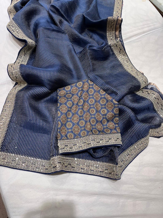 Ajrakh inspired Organza saree Striped Saree Partywear Sari
