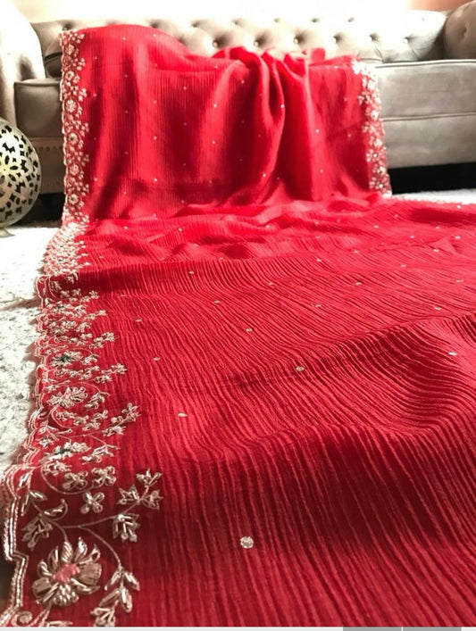 Rosila red crushed saree chinon saree Indian partywear sari reception saree blouse