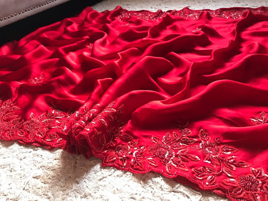 Red Satin Luxury premium Organza sarees