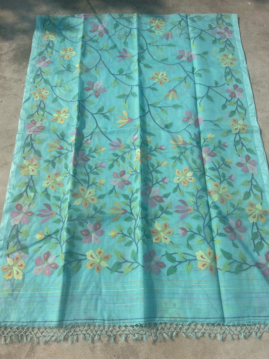 Turquoise inspired Tantuj Jamdani Saree Bengal Tradition Saree