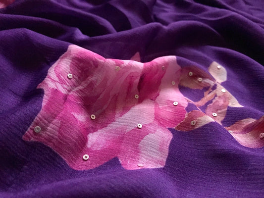 Purple printed saree crepe chinon saree Partywear sari blouse
