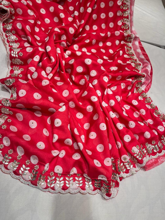 Red Polka dot Crepe Embroidered Saree