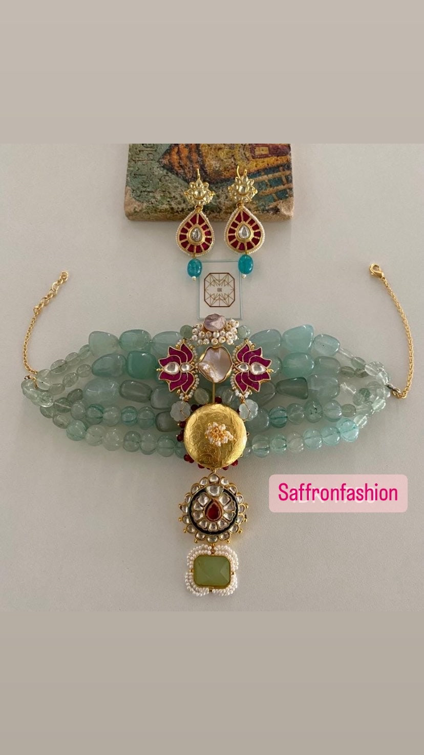 Green beaded choker kundan set indian set