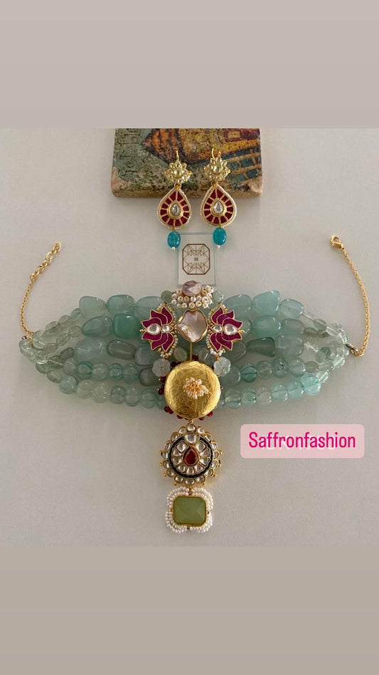 Green beaded choker kundan set indian set