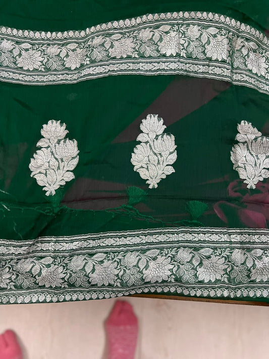 Chiffon Green Banarsi Saree khaddi chiffon saree