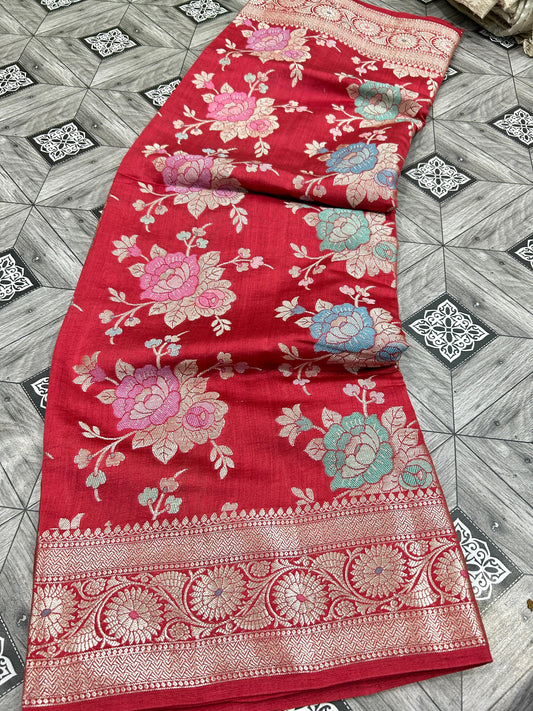 Red floral saree chiniya Katan silk saree Indian sari blouse