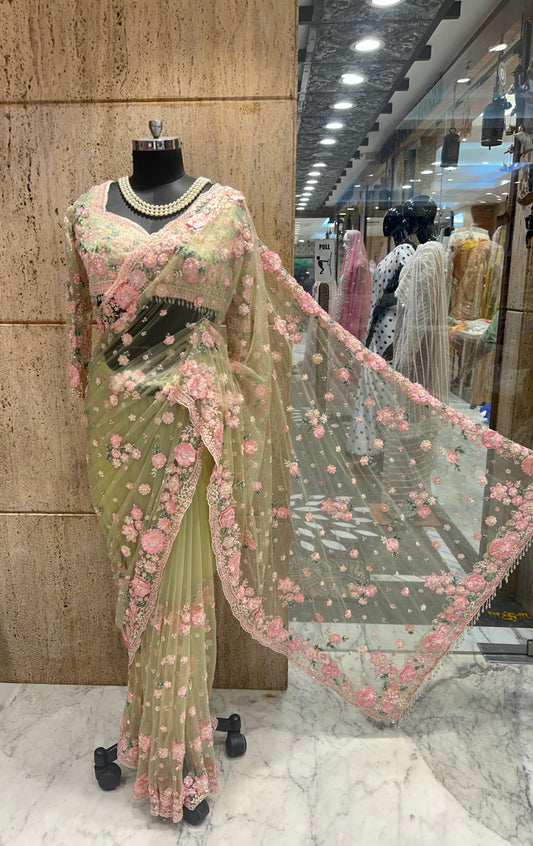 Designer inspired saree net saree floral heavy embroidery sarees blouse