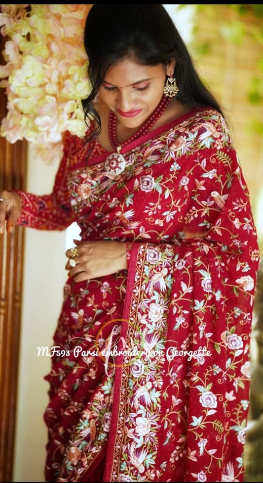Leela Red Parsi Inspired Saree Embroiderr Sarees