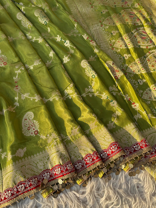 Green banarsi chinon saree traditional saree blouse