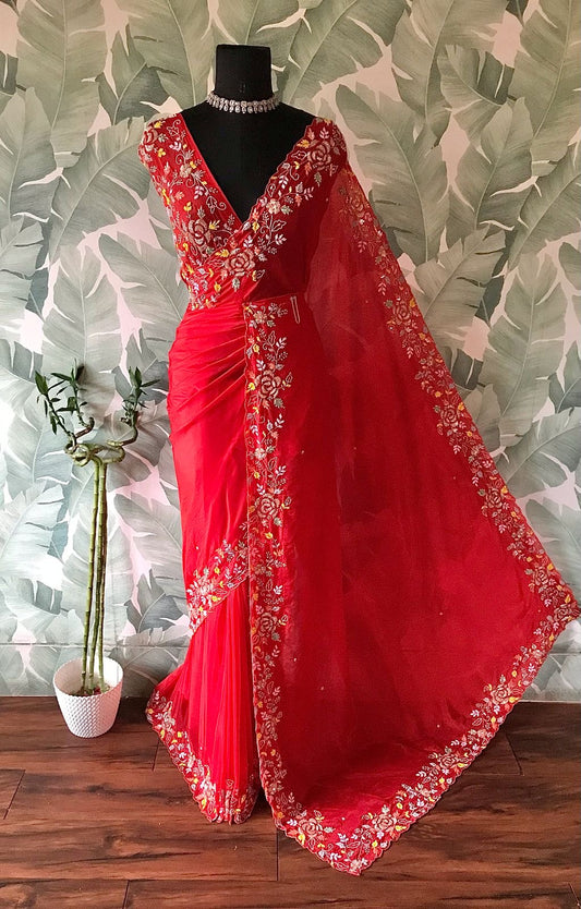 Red premium satin saree organza silk saree beautiful sari blouse