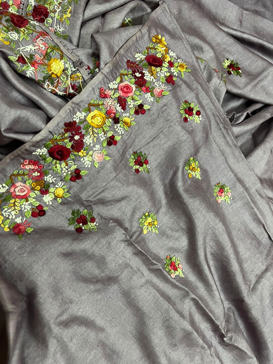 Lavender tussar saree French knot sarees hand embroidered sarees blouse