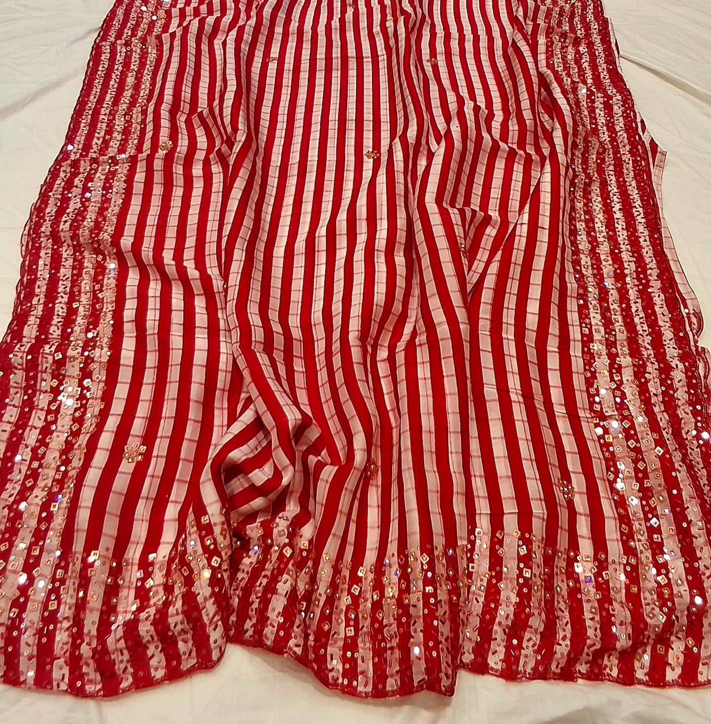 Red organza saree striped saree Indian wedding saree Partywear saris blouse