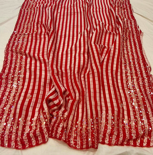 Red organza saree striped saree Indian wedding saree Partywear saris blouse