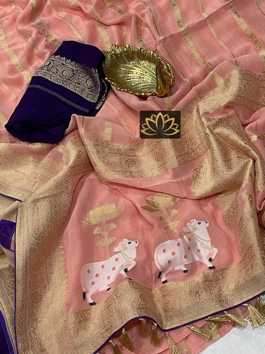 Motifs inspired Banarsi gorgette saree