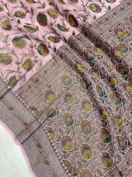Baby pink Banarsi handloom gorgette sari