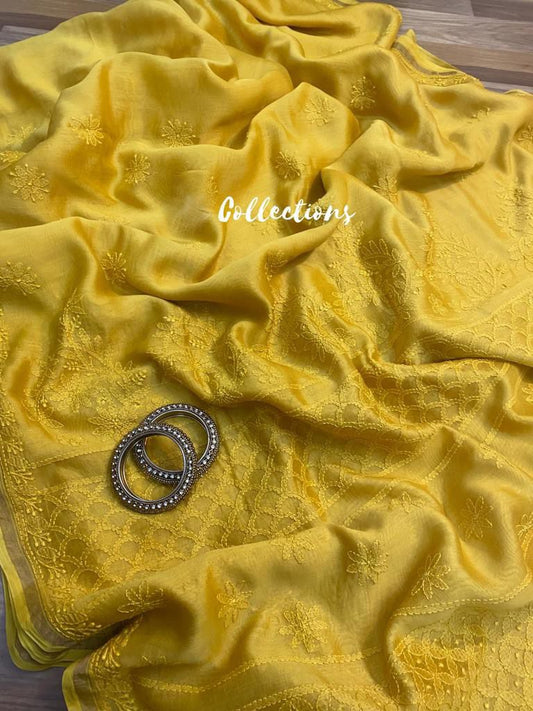Lemon Chanderi chikankari handwoven saree