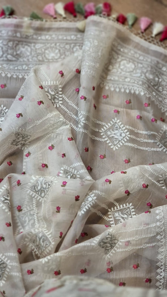 White organza silk embroidery sarees