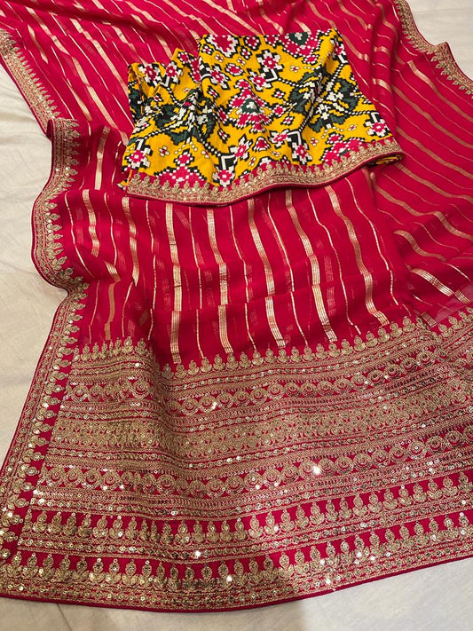 Red Patola striped gorgette saree