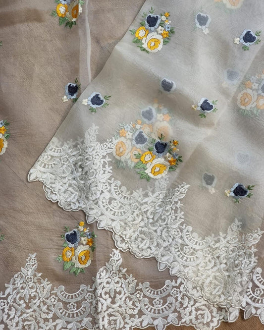 Scalloped embroidery cutwork saree