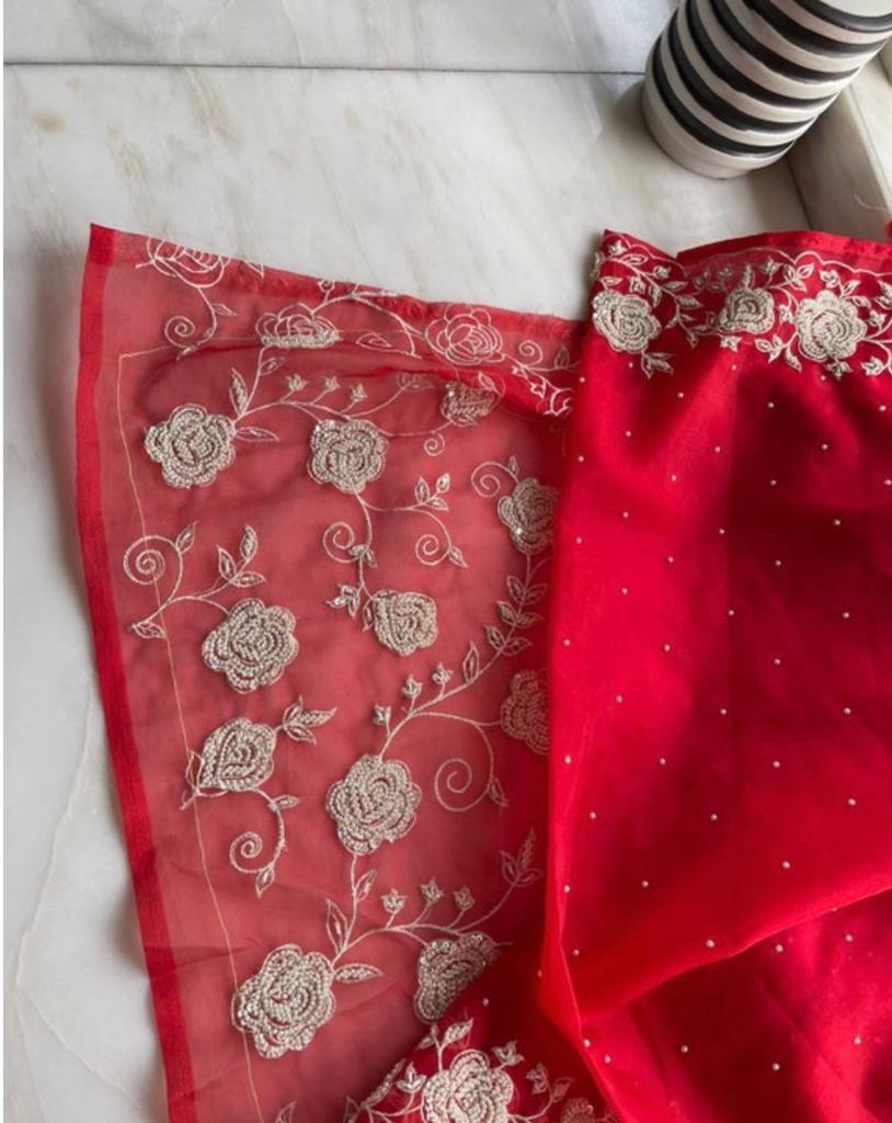 Red pearl saree