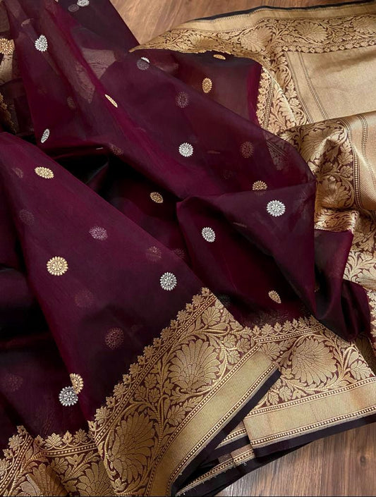 Maroon kora banarsi saree