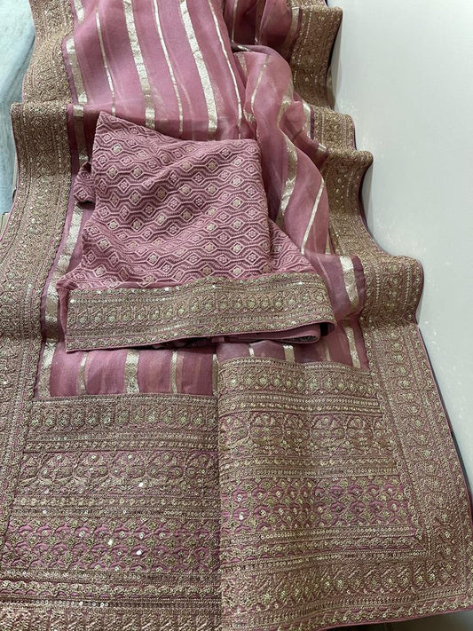 Striping kora Banarasi saree