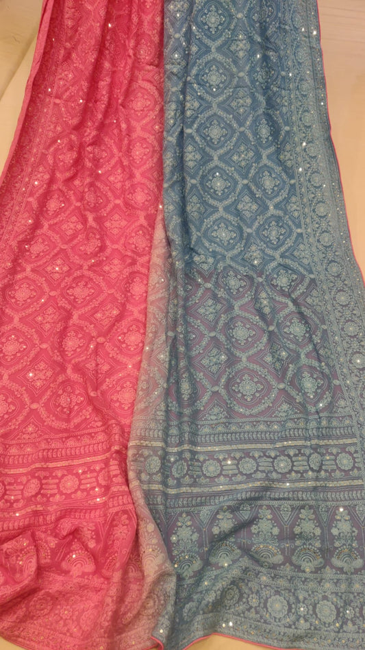 Dual shaded chikankari gorgette saree