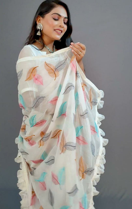 Ruffle chinon saree