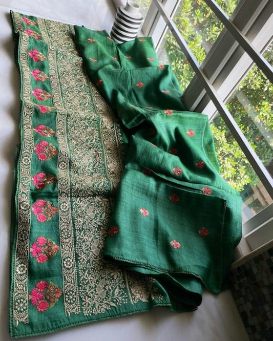 Green floral tussar saree
