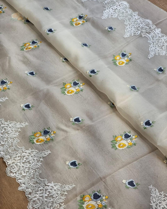 Scalloped embroidery cutwork saree