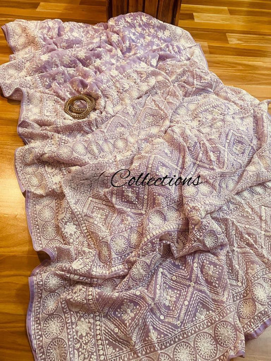 Lavender gorgette chikankari saree