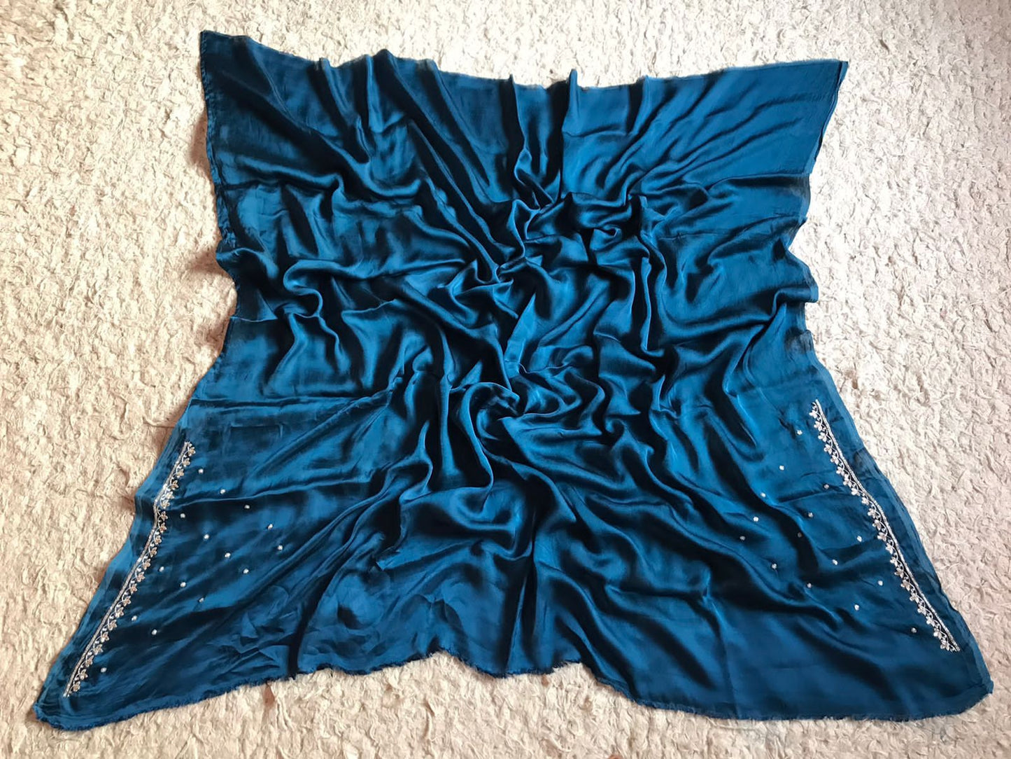 Teal blue satin saree