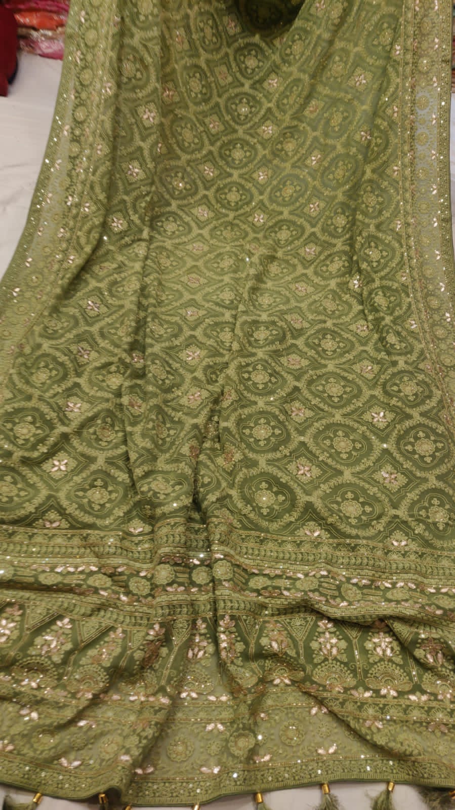 Lafisa chikankari gorgette saree